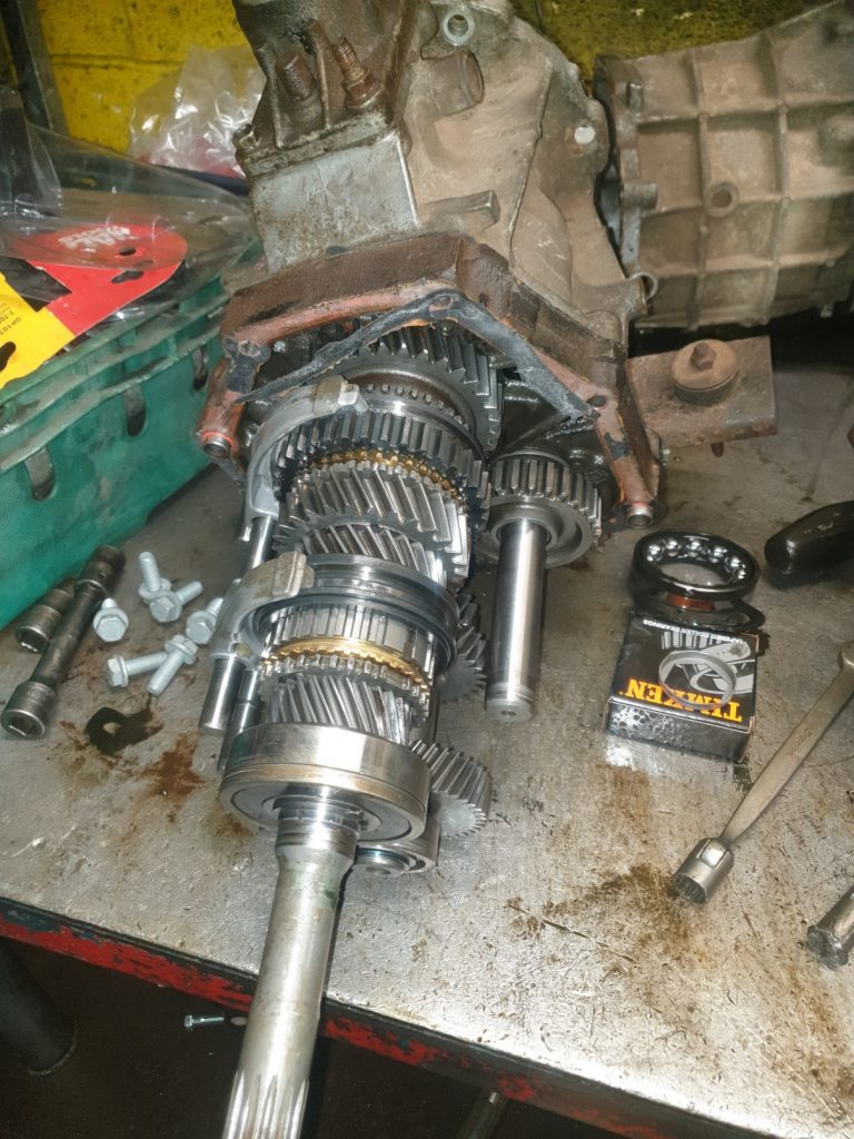 Gearbox internals being inspected for wear and damage